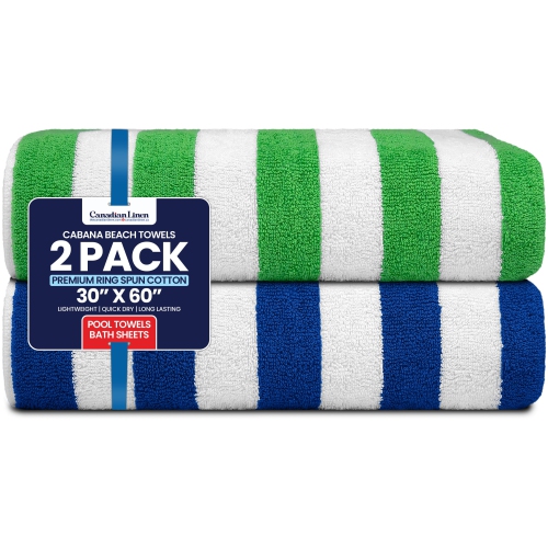 Canadian Linen Cabana Stripe Beach Towels Set, 2 Pack, 30"x60" Quick Dry Lightweight Cotton Soft Absorbent Pool Towel for Gym, Motel, Spa, Blue &