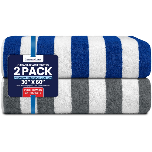 Canadian Linen Cabana Stripe Beach Towels Set, 2 Pack, 30"x60" Lightweight Cotton Soft Absorbent Quick Dry Pool Towel for Outdoor Fitness, Blue & Grey