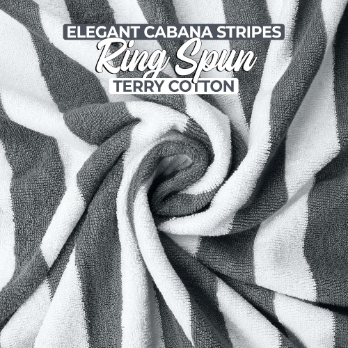Ens. De serviettes de plage en lin Cabana Stripe de Canadian Linen, paq. 2, 30 x 60 po, coton doux absorbant, séchage rapide, bleu et gris