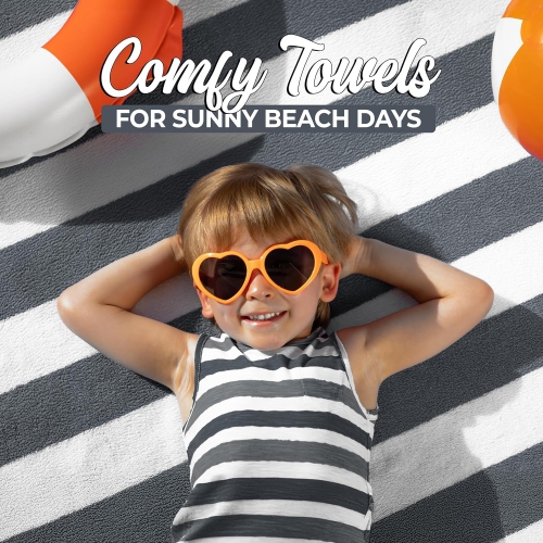 Ens. De serviettes de plage en lin Cabana Stripe de Canadian Linen, paq. 2, 30 x 60 po, coton doux absorbant, séchage rapide, bleu et gris