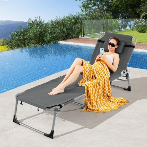 Gymax Outdoor Folding Chaise 5-Position Lounge Chair w/ Face Hole & Adjustable Footrest