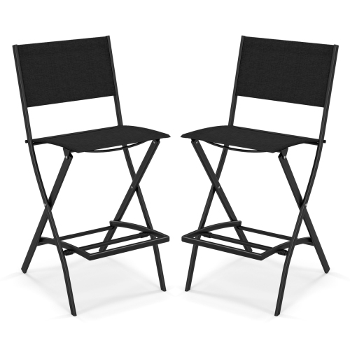 GYMAX  Folding Bar Stools Set Of 2 Patio Sling Chairs W/ Backrest Humanized Footrest In Black