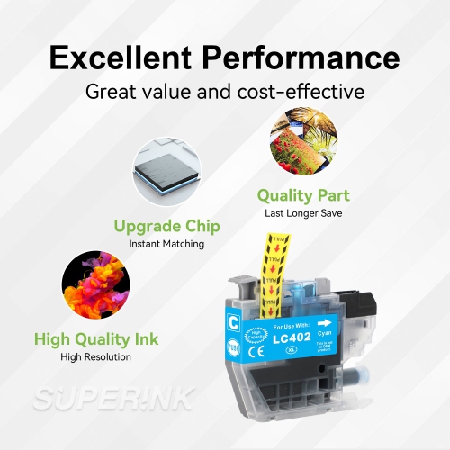Compatible avec la cartouche d'encre cyan à haut rendement LC402 de Superink pour Brother