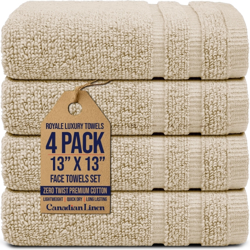 Canadian Linen Royale – Ensemble de serviettes pour le visage, 13 x 13&nbsp;po, paq. 4, linge de douche léger en coton doux et absorbant, séchage