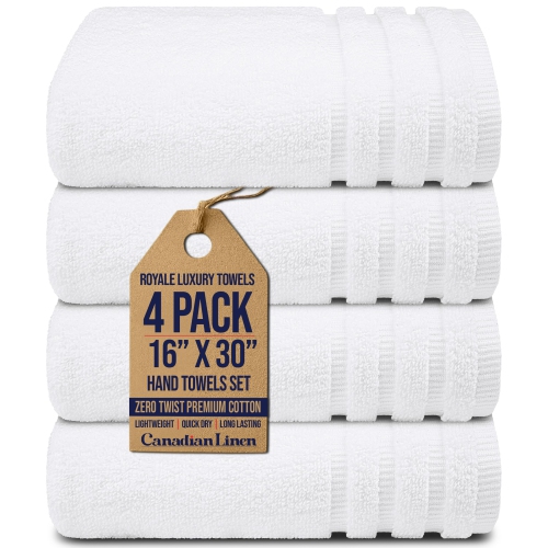 Canadian Linen Royale Hand Towels Set, 16"x30", 4 Pack, Soft Absorbent Cotton Lightweight Quick Dry Large Hand Towels for Hotels Gym Spa Salons, White