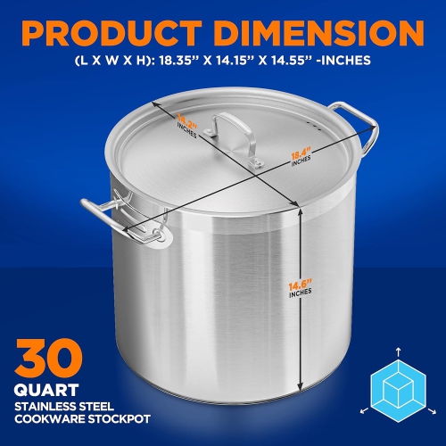 NutriChefKitchen Stainless Steel Cookware Stockpot, 30 Quart Heavy Duty Induction Soup Pot with Stainless Steel Lid, Even Heat Distribution