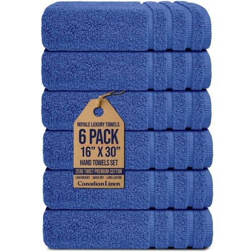 Canadian Linen Royale Hand Towels Set, 16"x30", 6 Pack, Lightweight Quick Dry Cotton Soft Absorbent Large Hand Towel for Home Gym Hair Salon Spa, Blue