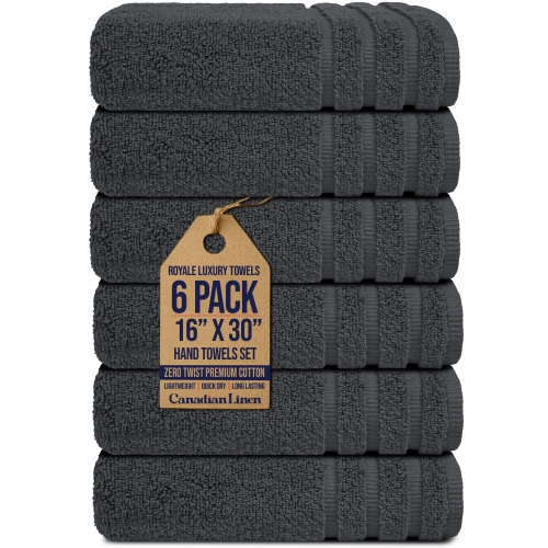 CANADIAN LINEN  Royale Hand Towels Set, 16"x30", 6 Pack, Quick Dry Soft Absorbent Cotton Lightweight Large Hand Towels for Homes, Gym, Salon, Dark