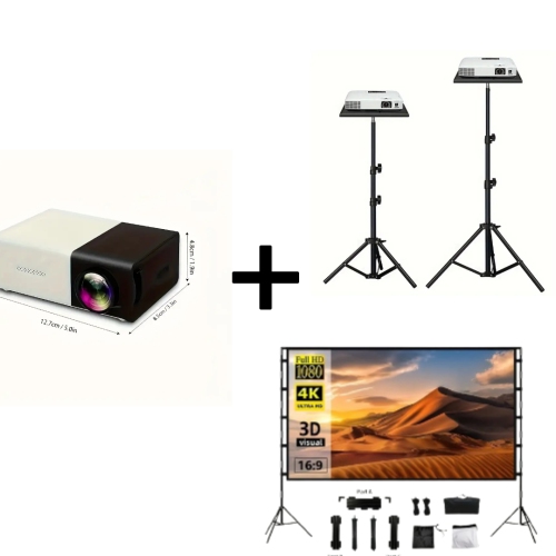 Portable HD Mini Projector, 100" Projector Screen with Stand, and Adjustable Projector Stand with Tray for Home and Outdoor Use