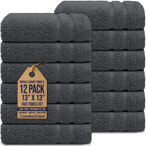 Canadian Linen Royale Face Towels Set, 13"x13", 12 Pack, Quick Dry Lightweight Soft Absorbent Cotton Face Cloth for Hotel Spa Motel Yoga Gym, Dark
