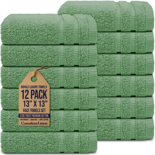 Canadian Linen Royale Face Towels Set, 13"x13", 12 Pack, Soft Absorbent Cotton Lightweight Quick Dry Face Cloth for Hotel Kitchen Spa Gym Salon, Green
