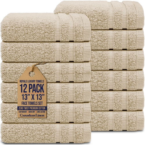 Canadian Linen Royale Face Towels Set, 13"x13", 12 Pack, Lightweight Quick Dry Soft Absorbent Cotton Washcloths for Home Salons Kitchen Resorts, Beige