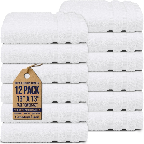 Canadian Linen Royale Face Towels Set, 13"x13", 12 Pack, Cotton Soft Absorbent Lightweight Quick Dry Washcloth for Hotels Nursing Home Hospital, White