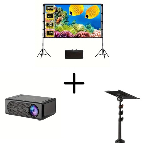 Mini projecteur HD 1080p, écran de projection compatible 3D de 84&nbsp;po et support de projecteur ajustable – idéal pour les soirées cinéma maison