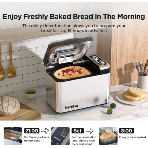 Neretva Bread Maker, 3.3LB Larger Bread Machine 15-in-1 Stainless Steel & Nonstick Ceramic Pan & Auto Nut Dispenser Breadmaker Machines Full Touch