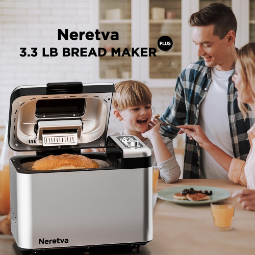 Neretva Bread Maker, 3.3LB Larger Bread Machine 15-in-1 Stainless Steel & Nonstick Ceramic Pan & Auto Nut Dispenser Breadmaker Machines Full Touch