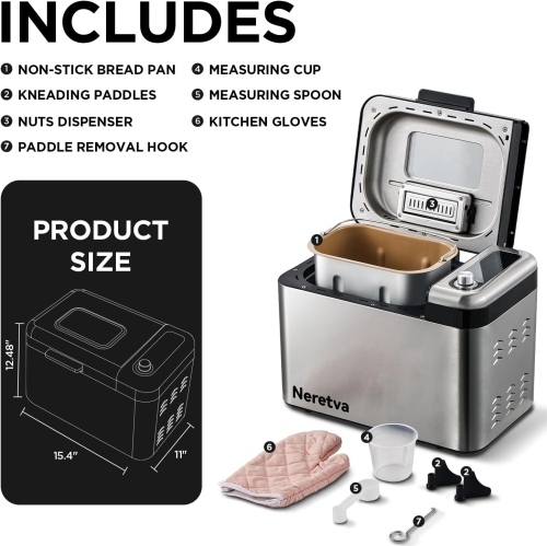 Neretva Bread Maker, 3.3LB Larger Bread Machine 15-in-1 Stainless Steel & Nonstick Ceramic Pan & Auto Nut Dispenser Breadmaker Machines Full Touch