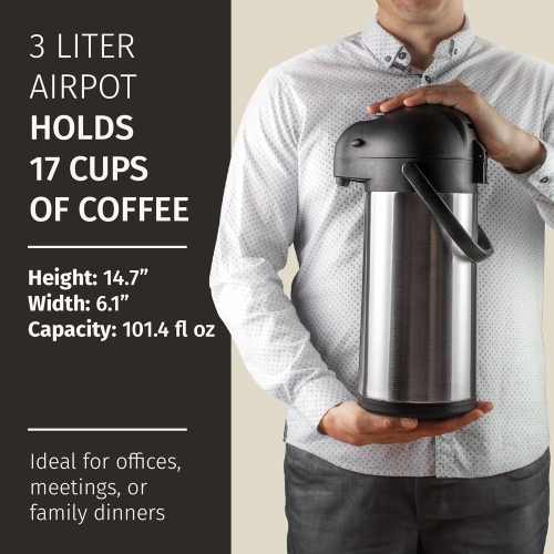 Coffee Carafe with Pump - 102oz / 3L Airpot 12 Hours Large Carafe Hot Cocoa Dispenser for Parties-Hot Water Dispenser, Tea Flask-Insulated Stainless