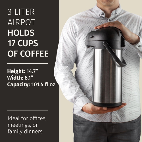 Coffee Carafe with Pump - 102oz / 3L Airpot 12 Hours Large Carafe Hot Cocoa Dispenser for Parties-Hot Water Dispenser, Tea Flask-Insulated Stainless