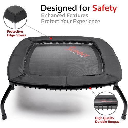 Sunny Health & Fitness Springless Mini Fitness Trampoline – Premium Adjustable Bungee-Style Indoor/Outdoor Exercise Rebounder for Quieter and Safer