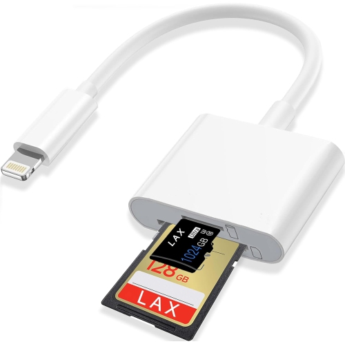 Lightning to Sd Card Reader for iPhone Camera, Dual Card Slot Memory Card Readers Supports SD and TF Card, Plug and Play Sd Card Adapter Compatible w