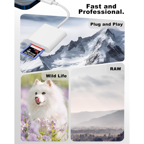 Lightning to Sd Card Reader for iPhone Camera, Dual Card Slot Memory Card Readers Supports SD and TF Card, Plug and Play Sd Card Adapter Compatible