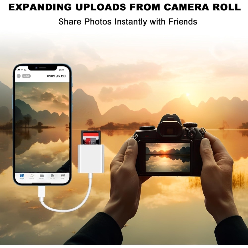Lightning to Sd Card Reader for iPhone Camera, Dual Card Slot Memory Card Readers Supports SD and TF Card, Plug and Play Sd Card Adapter Compatible
