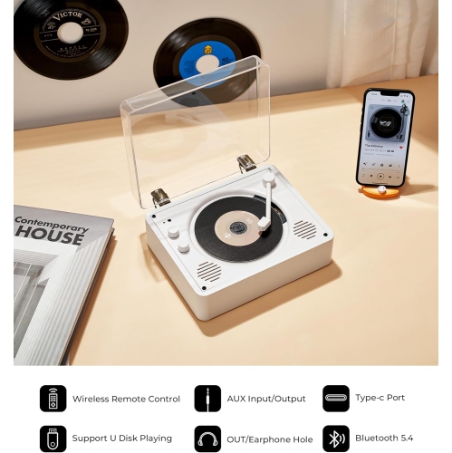 Lecteur CD rétro Bluetooth, Lecteur CD rechargeable double avec prise pour écouteurs, Lecteur CD vinyle portatif, Sortie auxiliaire, Mode USB,