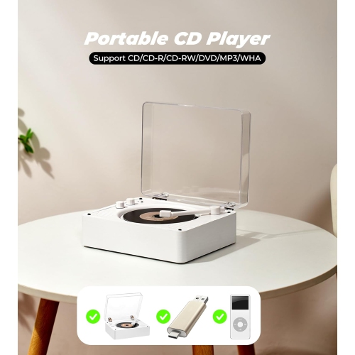 Lecteur CD rétro Bluetooth, Lecteur CD rechargeable double avec prise pour écouteurs, Lecteur CD vinyle portatif, Sortie auxiliaire, Mode USB,