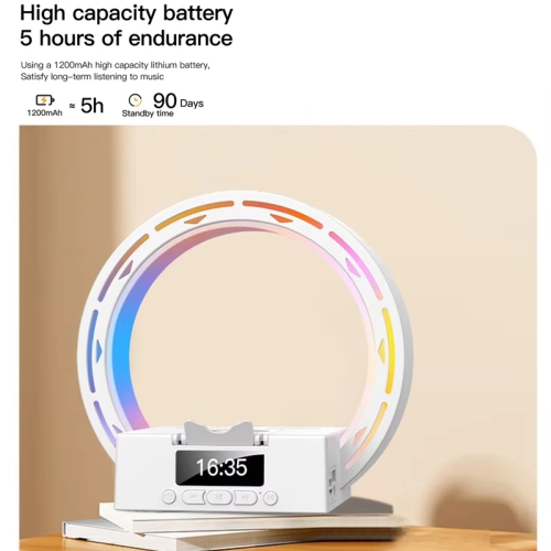 4 in 1 Bedside Lamp with Bluetooth Speaker, Wireless Charging Alarm Clock Wake-up Light for Bedroom(White)
