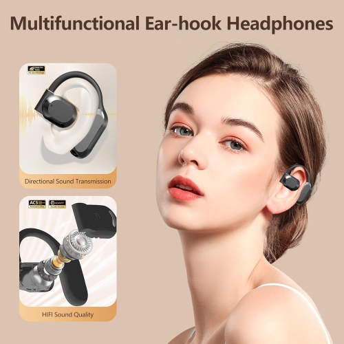 Wireless Earbuds Open Ear Earhooks Headphones Air Conduction Headphones LED Power Display Earphones Sports Bluetooth Headphones-Black