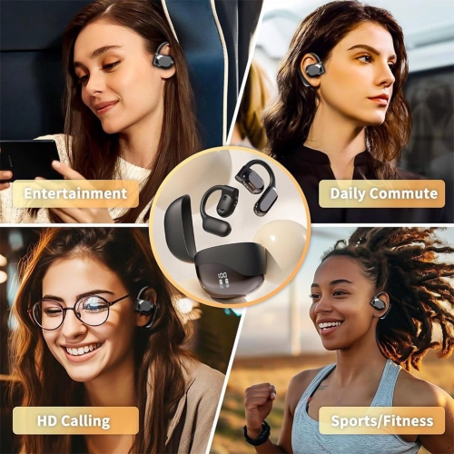 Wireless Earbuds Open Ear Earhooks Headphones Air Conduction Headphones LED Power Display Earphones Sports Bluetooth Headphones-Black