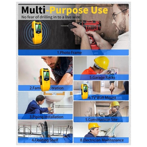 Stud Detector Sensor, Portable 5-in-1 Wall Scanner, Handheld Wall Metal Detector with LCD Display and Audio Alarm