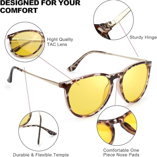 Night Vision Glasses for Men Women Classic Round Polarized Yellow Lens Anti Glare Nighttime Driving Glasses