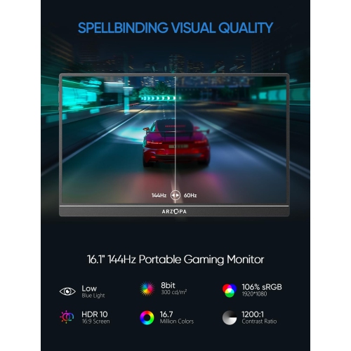 ARZOPA 16.1'' 144Hz Portable Gaming Monitor, 106% sRGB 1080P FHD Kickstand Portable Monitor with HDR, Ultra Slim, Eye Care, External Second Screen -