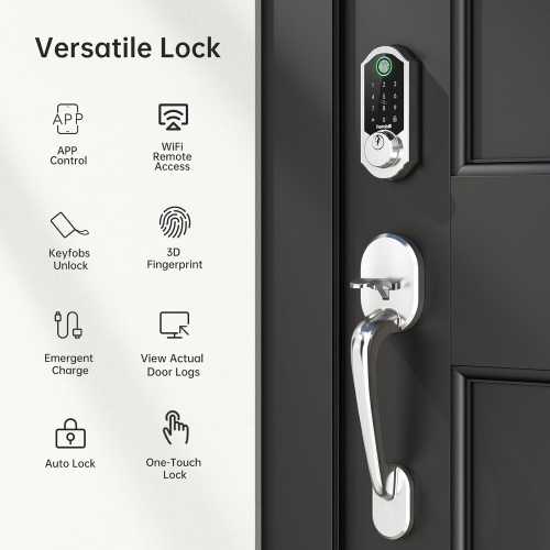 Hornbill Wifi Smart Lock with Handles, Keyless Entry Keypad Door Lock, 11-in-1 Smart Deadbolt Alexa Fingerprint Door Lock, Remote App - Satin Nickel