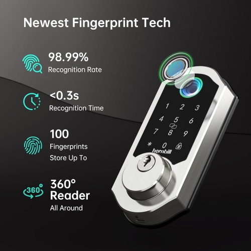 Hornbill Wifi Smart Lock with Handles, Keyless Entry Keypad Door Lock, 11-in-1 Smart Deadbolt Alexa Fingerprint Door Lock, Remote App - Satin Nickel