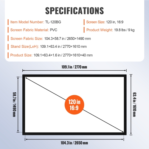 VEVOR Projection Screen 120inch 16:9 Movie Screen Fixed Frame 3D Projector Screen for 4K HDTV Movie Theater Home