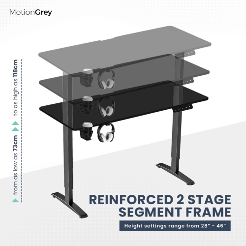 MotionGrey Ergo 2 – Bureau debout électrique ajustable avec réglages de mémoire – 43 x 24&nbsp;po, dessus noir, cadre noir, bureau ergonomique pour