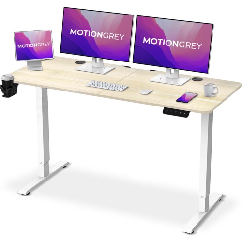 Image 1 of 8.. MotionGrey Ergo2 - Adjustable Electric Standing Desk with Memory Settings - 55"x24" Light Brown Top White Frame - Ergonomic Sit-to-Stand Desk for