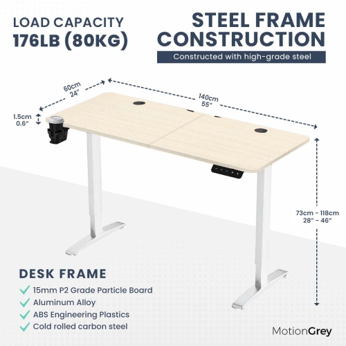 MotionGrey Ergo2 - Adjustable Electric Standing Desk with Memory Settings - 55"x24" Light Brown Top White Frame - Ergonomic Sit-to-Stand Desk for