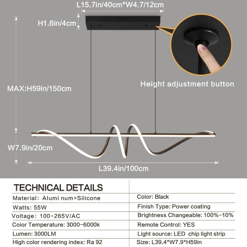 Open Box –Modern Anti-Glare LED Chandelier L39.4” Pendant Light with Remote Control.