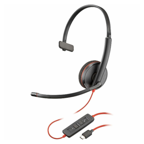Poly Blackwire 3210 Mono USB-C Headset + USB-C/A Adapter, Wired, Noise-Canceling Mic, 3.5mm, Black