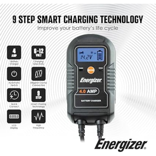 Energizer 4-Amp Battery Charger/Maintainer, 9-Step Smart Battery Car Charger with LCD Display, 6V/12V Auto Voltage Detection, Charger for Car,