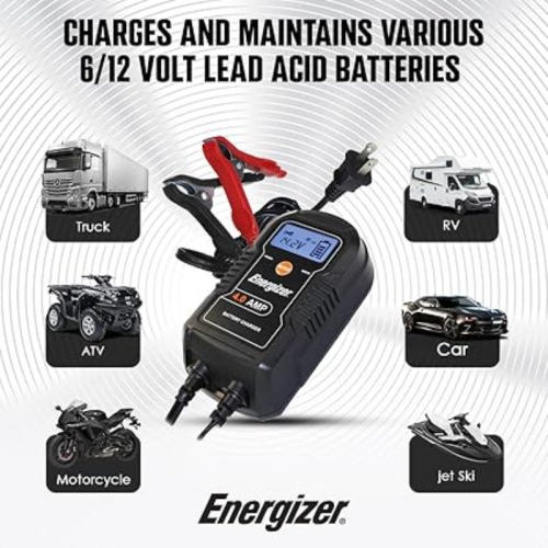Energizer 4-Amp Battery Charger/Maintainer, 9-Step Smart Battery Car Charger with LCD Display, 6V/12V Auto Voltage Detection, Charger for Car,