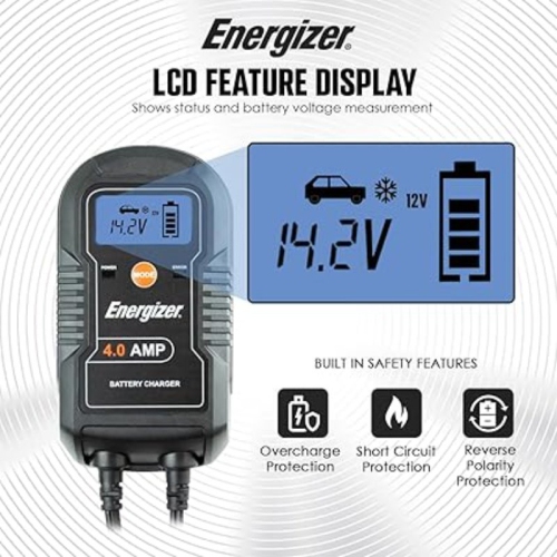 Energizer 4-Amp Battery Charger/Maintainer, 9-Step Smart Battery Car Charger with LCD Display, 6V/12V Auto Voltage Detection, Charger for Car,