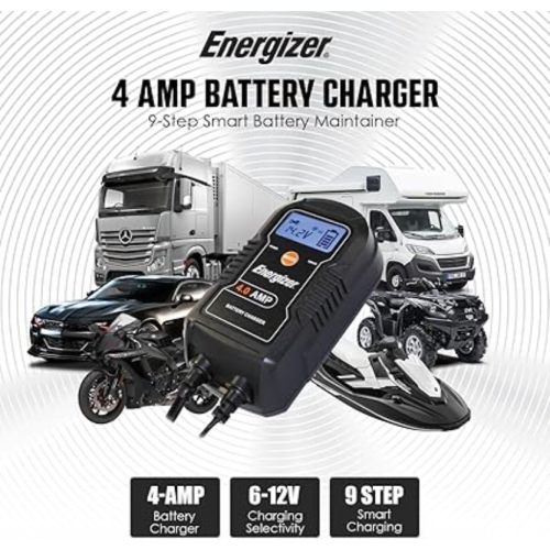 Energizer 4-Amp Battery Charger/Maintainer, 9-Step Smart Battery Car Charger with LCD Display, 6V/12V Auto Voltage Detection, Charger for Car,