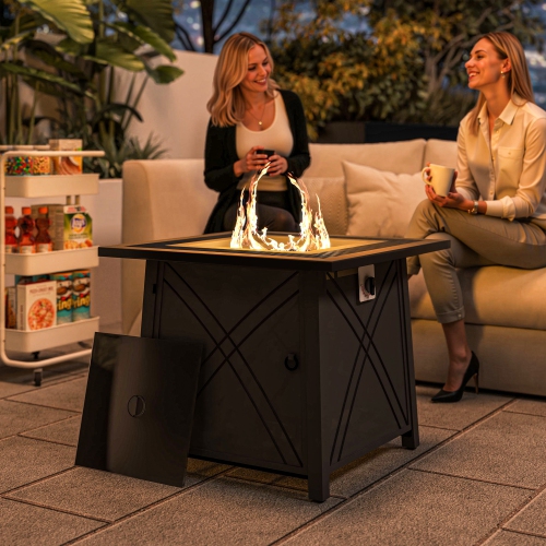 Outsunny Propane Fire Pit Table, 28" Square 40,000 BTU Outdoor Gas Fire Table with Waterproof Cover, Adjustable Foot Pads, Decorative Lava Rocks,