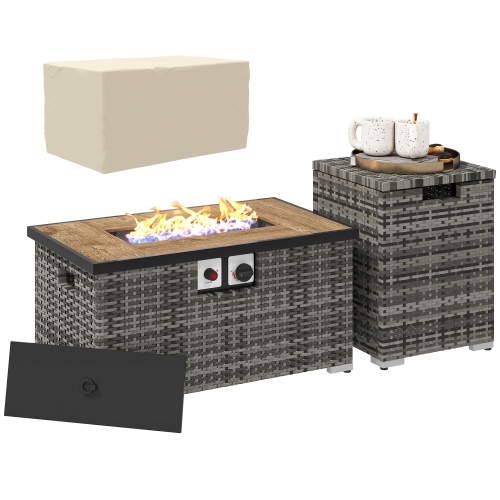 OUTSUNNY  2 Piece Propane Fire Pit Table Set \w Hideaway Propane Tank Holder, 32" 40, 000 Btu Rattan Outdoor Gas Fire Table \w Waterproof Cover, Lava
