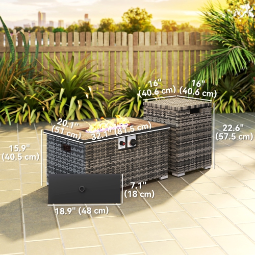 Outsunny 2 Piece Propane Fire Pit Table Set with Hideaway Propane Tank Holder, 32" 40,000 BTU Rattan Outdoor Gas Fire Table with Waterproof Cover,